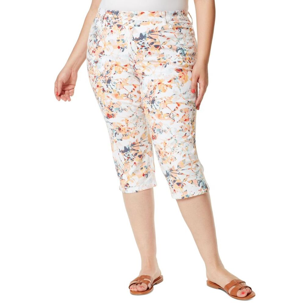 Gloria Vanderbilt Amanda Capri Jeans 20W White Peach Floral Curvy Fit Stretch